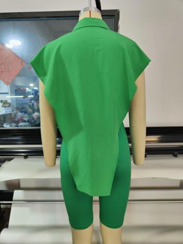 Green Slit Irregular Top and Shorts Two Piece Set