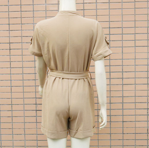 Stand Collar Short Sleeves Romper with Belt
