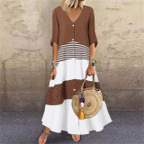 Summer V-Neck Short Sleeve Print Button Long Casual Dress