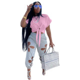 Casual Solid Short Sleeve Tie Front Loose T-Shirt
