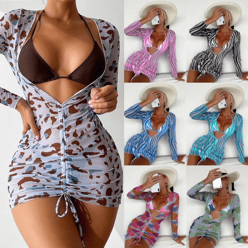Sexy Three Piece Swimwear Print Bikini Set with Sunblock Mesh Bodycon Dress