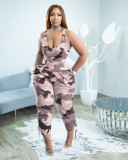 Camo Sexy V-Neck Cami Top and Pocket Pants Casual Two Piece Set