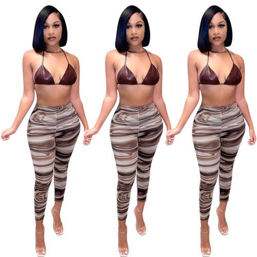 Cami Halter Bra and Print Mesh Pants 2PCS Set