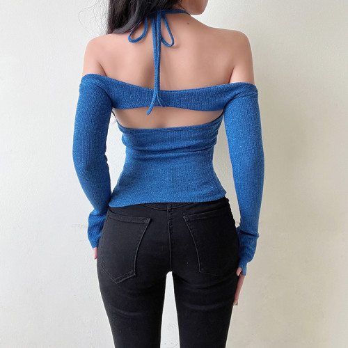 Blue Halter Off Shoulder Long sleeve Knit Top
