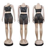 Rhinestone Cami Underwear Crop Top and Mini Skirt 2PCS Set