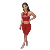 Solid Letter Crop Top & Shorts Two Piece Set for Women
