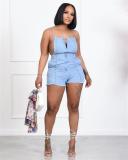 Zipper Up Sleeveless Cami Denim Rompers (with Pockets)