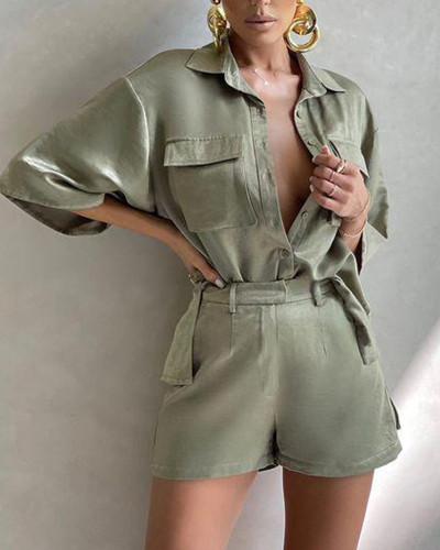 Casual Green Blouse Two Piece Shorts Set