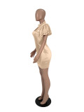 Solid Satin Short Sleeve Key Hole Bodycon Dress