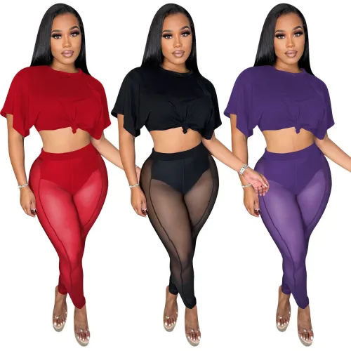 Short Sleeves O-Neck Crop Top and Mesh Pants 2PCS Set