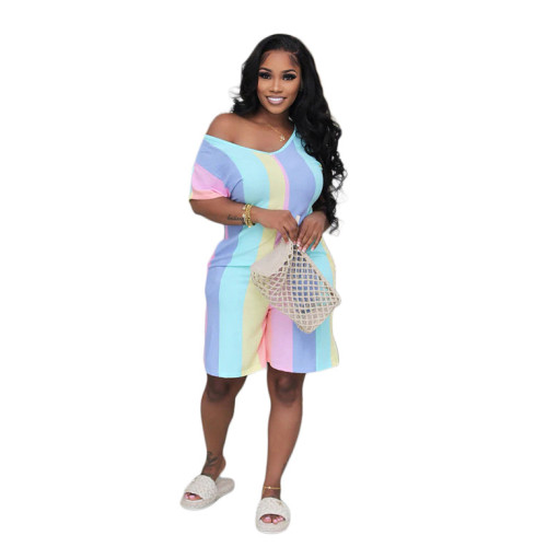 Rainbow Color V-Neck Short Sleeve Loose Rompers