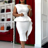 Plus Size Solid Color Ruffle Bodycon Silt Midi Dress