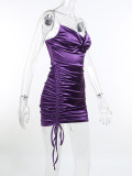 Satin Drawstring Chain Straps Mini Dress