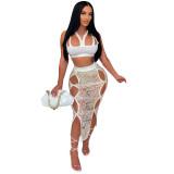 Plus Size Crop Top And Hollow Out Fishnet Long Skirt