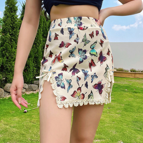 Sexy Hot Butterfly Print Lace Trim Mini Skirt