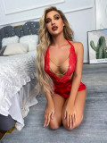 Women Red Lace and Satin Splicing Sexy Lingerie