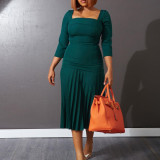 Plus Size Square Neck 3/4 Sleeve Pleated  Bodycon Dress