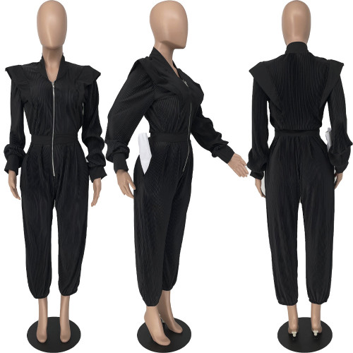 Plus Size Solid V-Neck Long Sleeve Pleated Jumpsuit