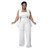 Plus Size Crop Top with Sleeveless Turndown Collar Blazer and Wide Pants 3 pcs Set