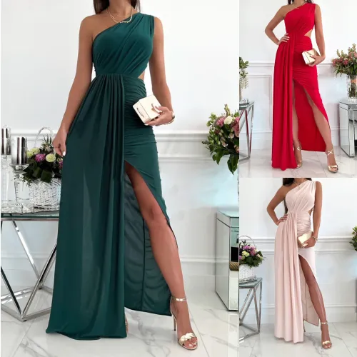 Sleeveless Slash Shoulder Cut Out Slit Maxi Dress