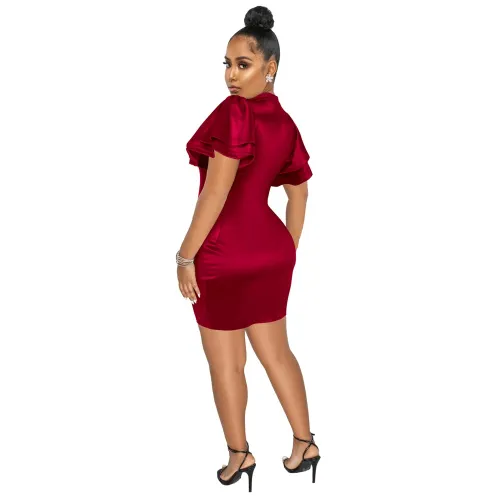 Solid Satin Short Sleeve Key Hole Bodycon Dress