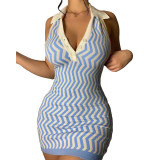 Wavy Stripes Kintted Halter Sleeveless Mini Dress