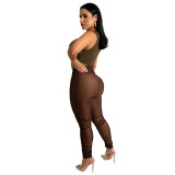 Wholesale Summer Solid Bodysuit and Mesh See Through Pant Two Piece Set