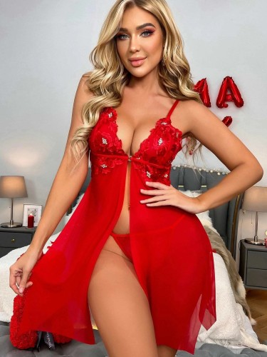 Sexy Red Straps Mesh Slit Pajama Set