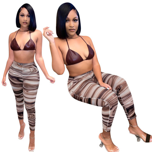 Cami Halter Bra and Print Mesh Pants 2PCS Set