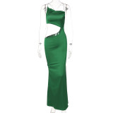 Green Silk Hollow Out Cami Long Dress