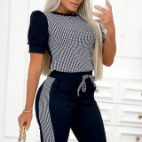 Houndstooth Splicing Short Sleeve Leisuire Two Piece Pants Set