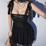 Women Lace Up Solid Black Gothic Sexy Straps Mesh Dress