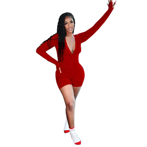 Solid Color Full Sleeve Sexy Tight Rompers