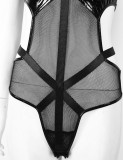 Sexy Black Cutout One Piece Patent PU Leather and Mesh Splicing Lingerie