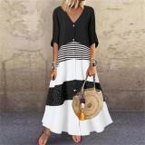 Summer V-Neck Short Sleeve Print Button Long Casual Dress