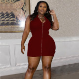 Plus Size Solid Color Zip Up Sleeveless Bodycon Dress