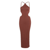 Solid Ribbed Cut Out Halter Bodycon Maxi Dress