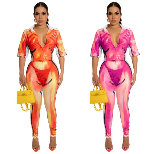 Women Half Sleeve Printed Blouse & Pant Two Piece Set