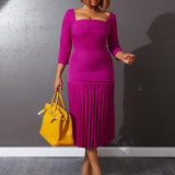 Plus Size Square Neck 3/4 Sleeve Pleated  Bodycon Dress