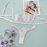 Sexy Floral White and Lilac Lace Bra and Pantie Lingerie Set