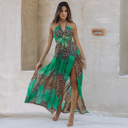 Print Leopard Halter Backless Boho Maxi Dress