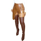 Solid PU Leather Zip Irregular Shorts