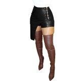 Solid PU Leather Zip Irregular Shorts