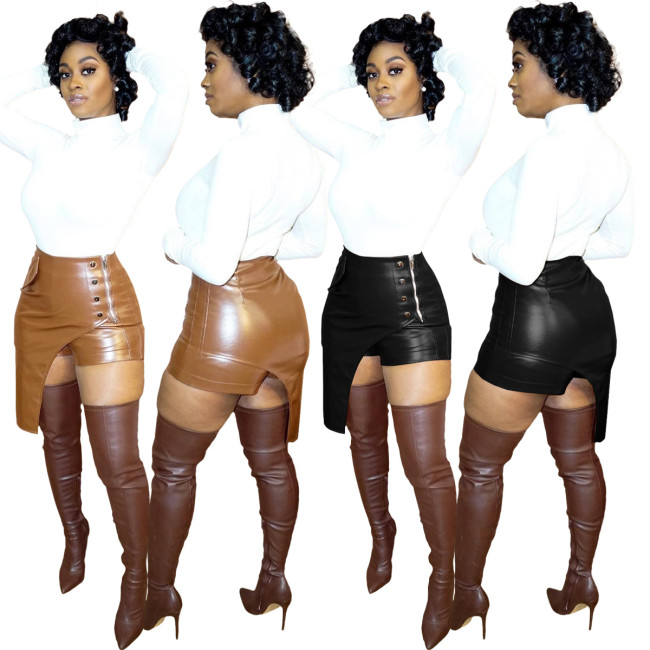 Solid PU Leather Zip Irregular Shorts