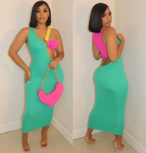 Sexy Contrast Color Irregular Cut Out Long Dress