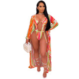 Print Long Sleeves Long Cardigan and Hollow Out Swimsuit 2PCS Set