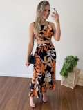 Leaf Print Cami Crop Top And High Waist Skirt 2PCS