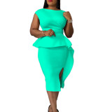 Plus Size Solid Color Ruffle Bodycon Silt Midi Dress