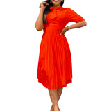 Plus Size V-Neck Short Sleeves Tie Long Pleated Dress