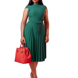 Plus Size Short Sleeve Pleated Mid Dress with Belt